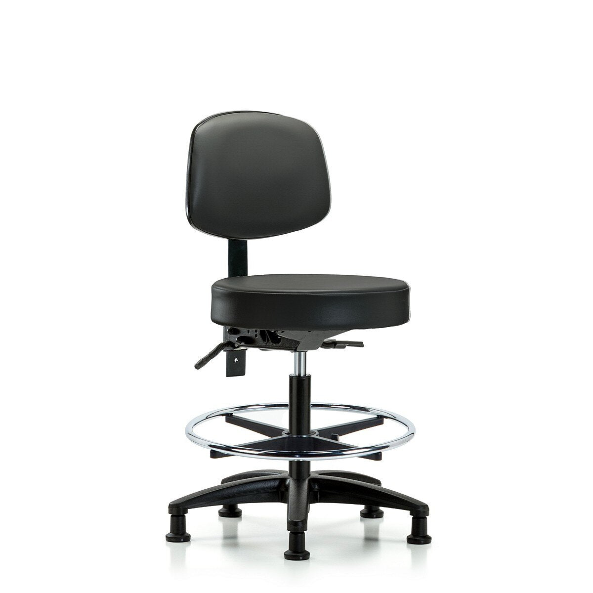 Blue Ridge Ergonomics VMBST-RG-T1-CF-RG-8823 Rutledge Vinyl Stool with Back - Medium Bench Height with Seat Tilt, Chrome Foot Ring, & Stationary Glides in Carbon Supernova™ Vinyl