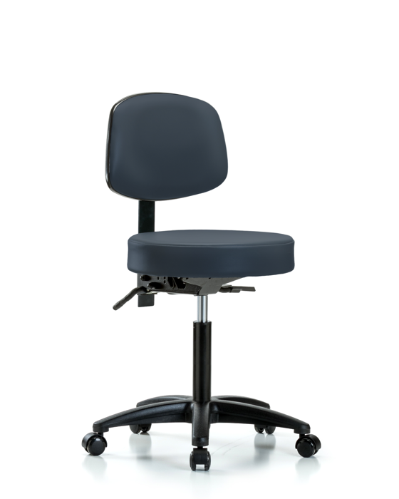 Blue Ridge Ergonomics VMBST-RG-T1-NF-RC-8582 Rutledge Vinyl Stool with Back - Medium Bench Height with Seat Tilt & Casters in Imperial Blue Trailblazer™ Vinyl