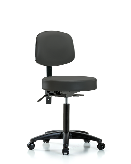 Blue Ridge Ergonomics VMBST-RG-T1-NF-RC-8605 Rutledge Vinyl Stool with Back - Medium Bench Height with Seat Tilt & Casters in Charcoal Trailblazer™ Vinyl