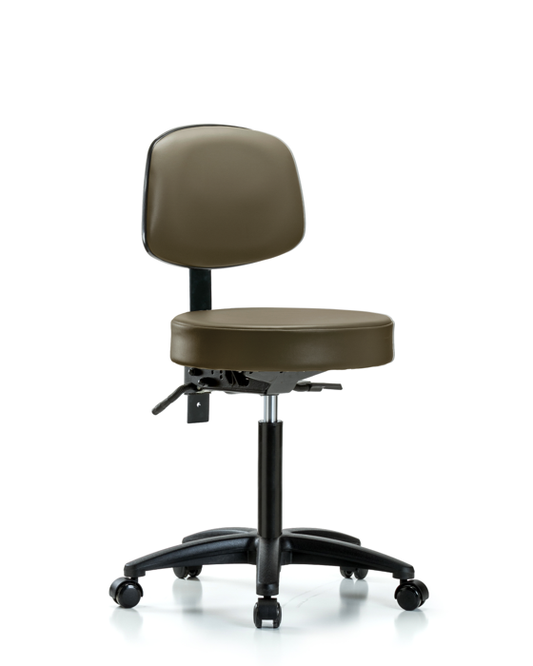 Blue Ridge Ergonomics VMBST-RG-T1-NF-RC-8809 Rutledge Vinyl Stool with Back - Medium Bench Height with Seat Tilt & Casters in Taupe Supernova™ Vinyl