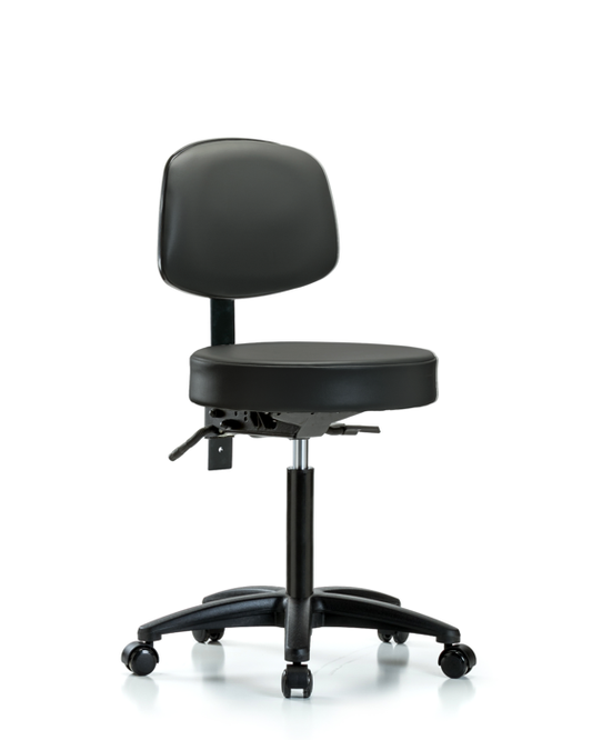 Blue Ridge Ergonomics VMBST-RG-T1-NF-RC-8823 Rutledge Vinyl Stool with Back - Medium Bench Height with Seat Tilt & Casters in Carbon Supernova™ Vinyl