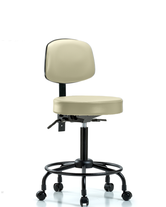 Blue Ridge Ergonomics VMBST-RT-T0-RC-8501 Rutledge Vinyl Stool with Back - Medium Bench Height with Round Tube Base & Casters in Adobe White Trailblazer™ Vinyl