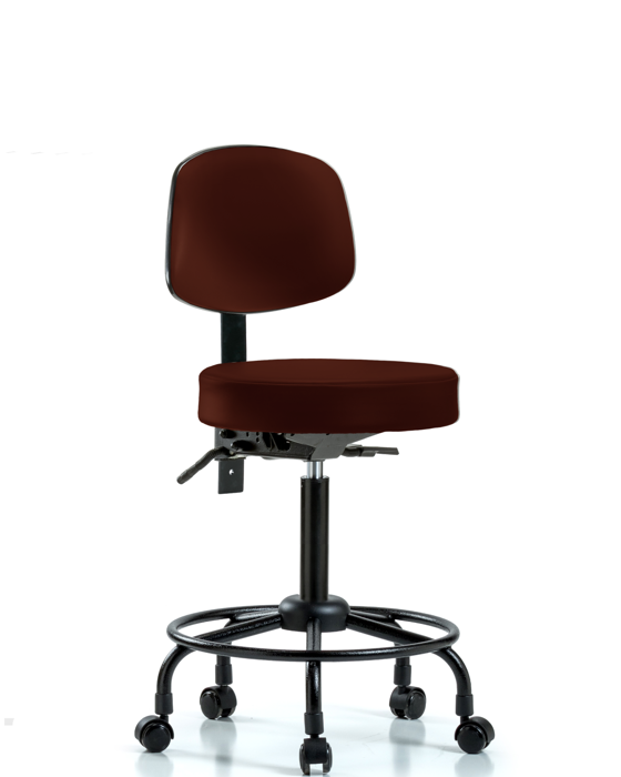 Blue Ridge Ergonomics VMBST-RT-T0-RC-8569 Rutledge Vinyl Stool with Back - Medium Bench Height with Round Tube Base & Casters in Burgundy Trailblazer™ Vinyl