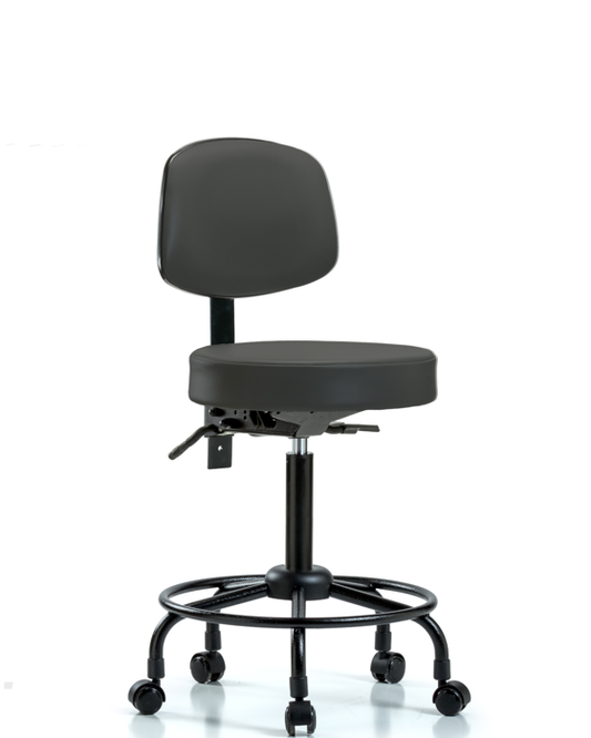 Blue Ridge Ergonomics VMBST-RT-T0-RC-8605 Rutledge Vinyl Stool with Back - Medium Bench Height with Round Tube Base & Casters in Charcoal Trailblazer™ Vinyl