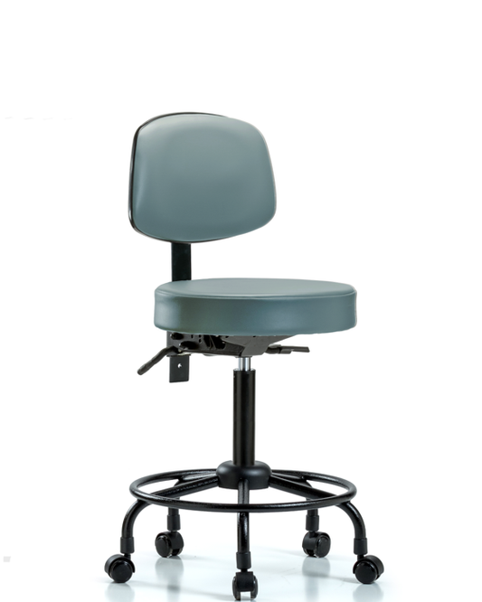 Blue Ridge Ergonomics VMBST-RT-T0-RC-8822 Rutledge Vinyl Stool with Back - Medium Bench Height with Round Tube Base & Casters in Storm Supernova™ Vinyl