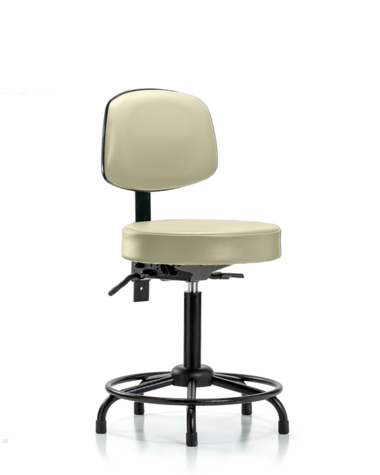 Blue Ridge Ergonomics VMBST-RT-T0-RG-8501 Rutledge Vinyl Stool with Back - Medium Bench Height with Round Tube Base & Stationary Glides in Adobe White Trailblazer™ Vinyl