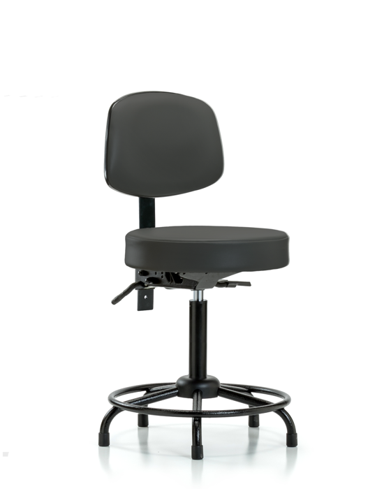 Blue Ridge Ergonomics VMBST-RT-T0-RG-8605 Rutledge Vinyl Stool with Back - Medium Bench Height with Round Tube Base & Stationary Glides in Charcoal Trailblazer™ Vinyl