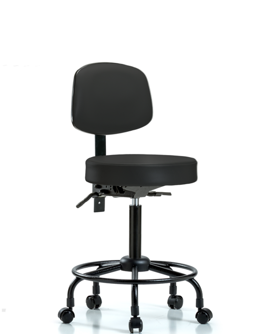 Blue Ridge Ergonomics VMBST-RT-T1-RC-8540 Rutledge Vinyl Stool with Back - Medium Bench Height with Round Tube Base, Seat Tilt, & Casters in Black Trailblazer™ Vinyl