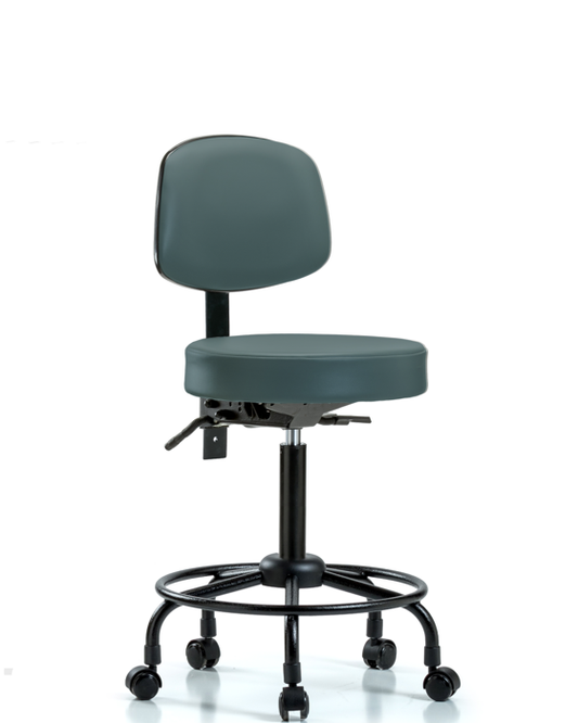 Blue Ridge Ergonomics VMBST-RT-T1-RC-8546 Rutledge Vinyl Stool with Back - Medium Bench Height with Round Tube Base, Seat Tilt, & Casters in Colonial Blue Trailblazer™ Vinyl
