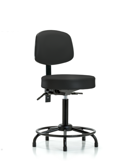 Blue Ridge Ergonomics VMBST-RT-T1-RG-8540 Rutledge Vinyl Stool with Back - Medium Bench Height with Round Tube Base, Seat Tilt, & Stationary Glides in Black Trailblazer™ Vinyl