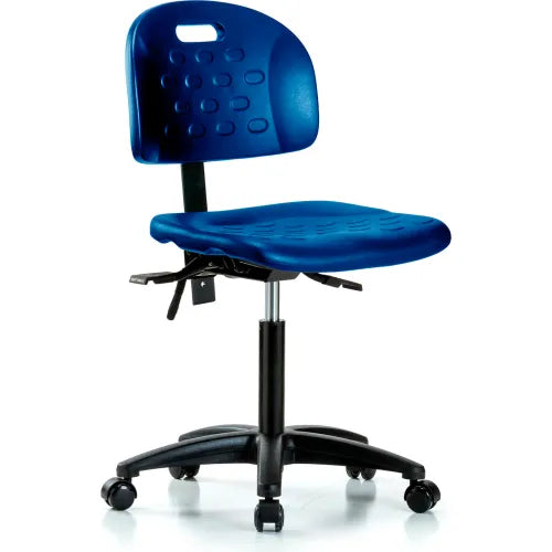 Blue Ridge Ergonomics HPMBCH-RG-T0-A0-NF-RC-BLU Newport Industrial Polyurethane Chair - Medium Bench Height with Casters in Blue Polyurethane
