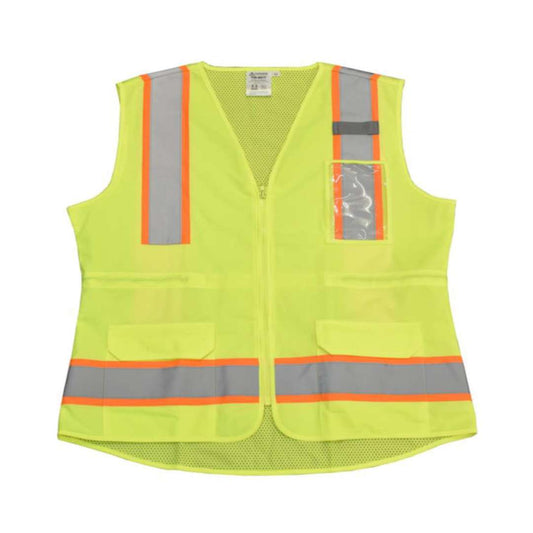 Cordova Safety VW273PXL COR-BRITE®, TYPE R, CLASS II, LADIES LIME MESH SURVEYORS VEST, TAPERED DESIGN, ZIPPER CLOSURE, DRAWSTRING BACK, TWO OUTSIDE LOWER POCKETS,