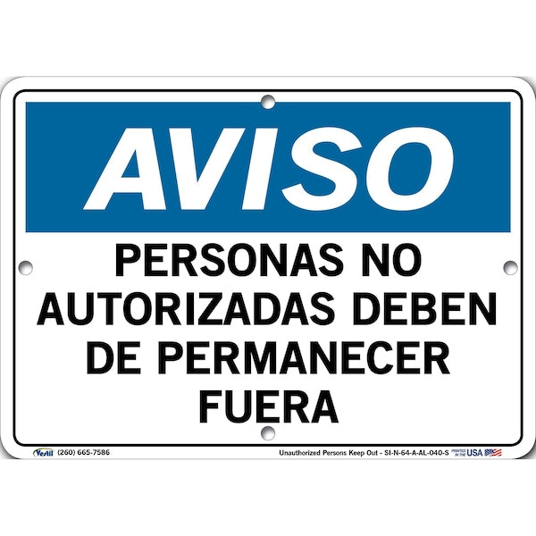 Vestil SI-N-64-A-AL-040-S Aluminum Sign, Aluminum, Rectangle, Spanish