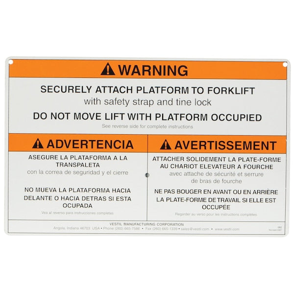 Vestil WP-WS WORK PLATFORM WARNING SIGN W/ HARDWARE