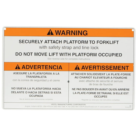 Vestil WP-WS WORK PLATFORM WARNING SIGN W/ HARDWARE