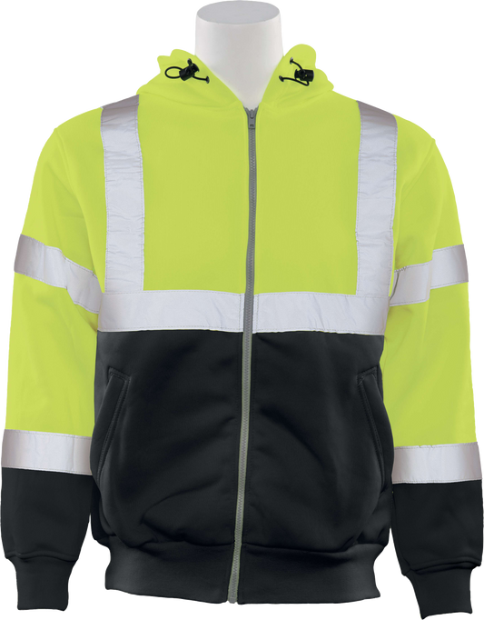 Delta Plus WEL62990LB4X W375B Type R, Class 3 Zip Front Hoodie Sweatshirt with Black Bottom, Hi Viz Lime, 4X