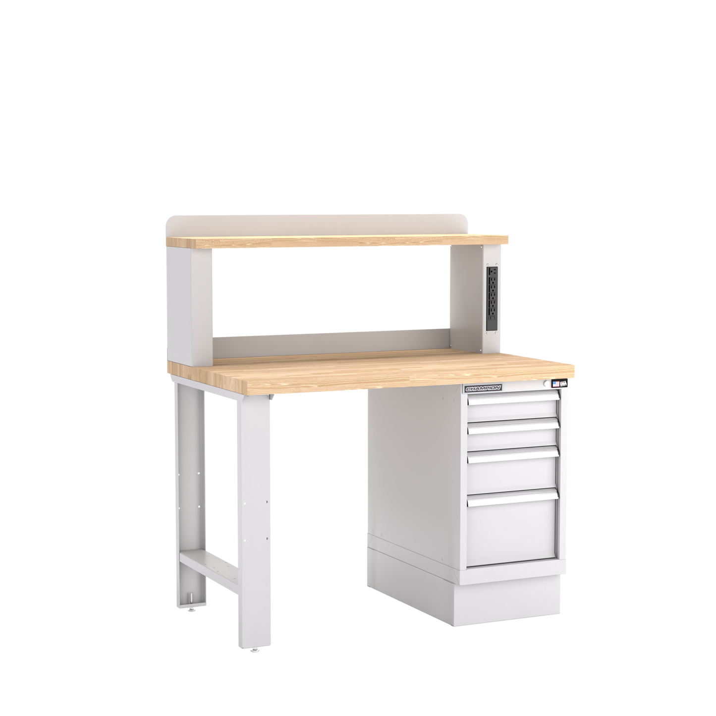 Champion Tool Storage WB202-B4830-LG 4-Drawer Standard Depth Cabinet Workbench, 12" Power Riser WB202 | 48"W x 35-1/4"H x 30"D, Light Gray