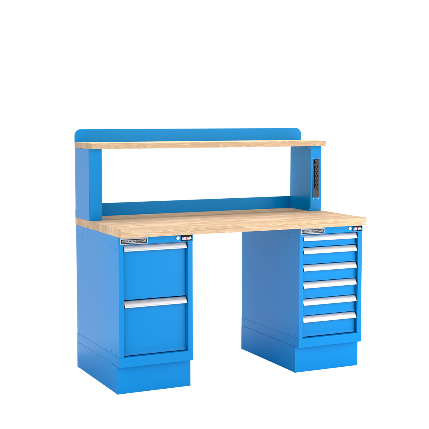 Champion Tool Storage WB802-B6030-BB Two Preconfigured Cabinets Workbench, 12" Power Riser WB801 | 60"W x 35-1/4"H x 30"D, Bright Blue