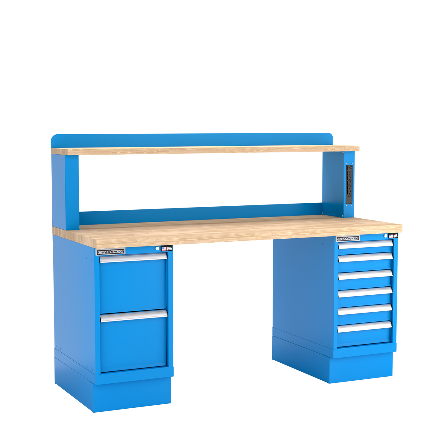 Champion Tool Storage WB802-B7230-BB Two Preconfigured Cabinets Workbench, 12" Power Riser WB801 | 72"W x 35-1/4"H x 30"D, Bright Blue