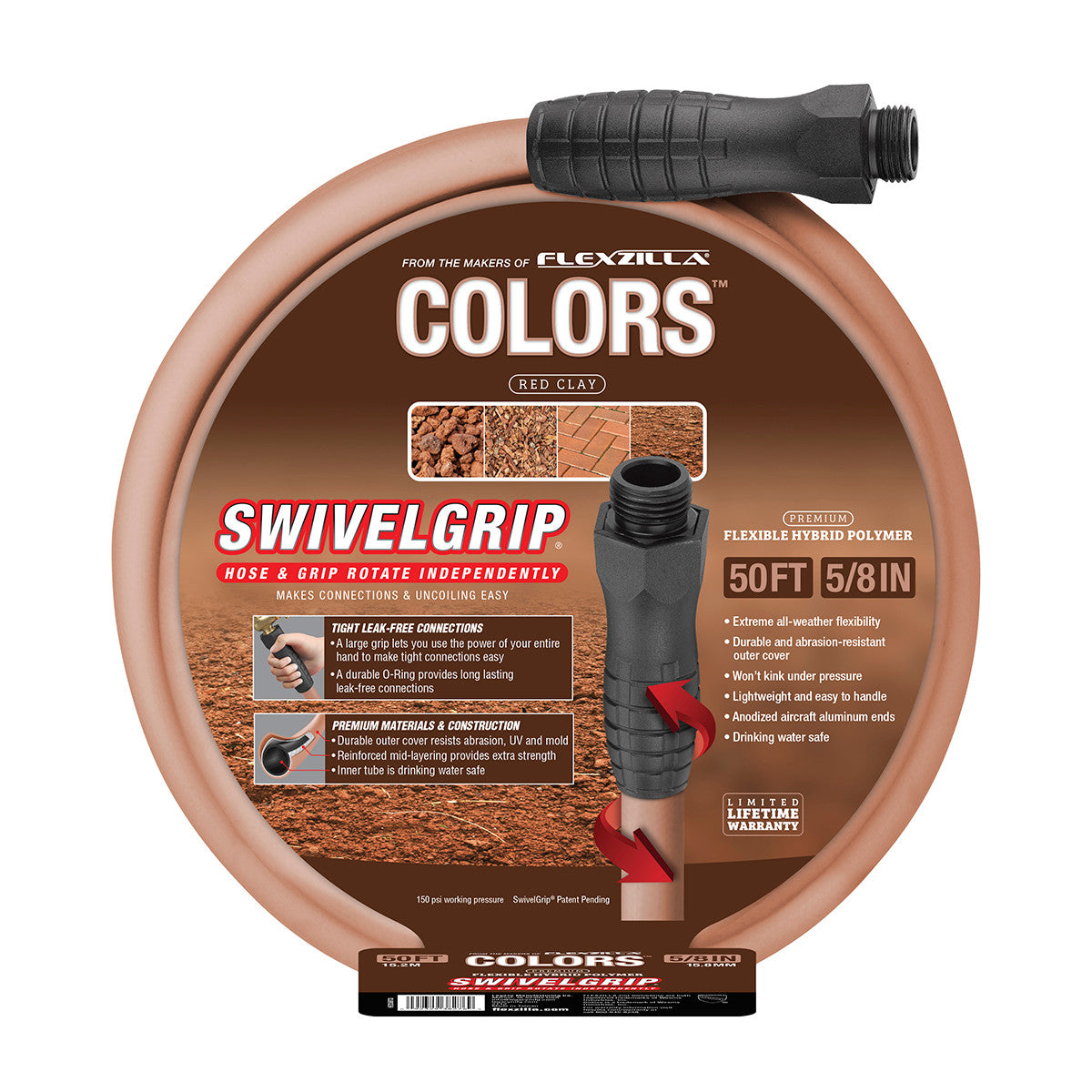 Colors HFZC550TCS-E SwivelGrip® Garden Hose, 5/8" x 50', 3/4" - 11 1/2 GHT Fittings, Red Clay