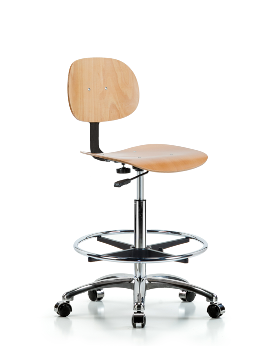 Blue Ridge Ergonomics WHBCH-CR-CF-CC Wood Chair Chrome - High Bench Height with Chrome Foot Ring & Casters