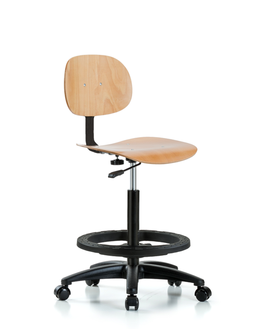 Blue Ridge Ergonomics WHBCH-RG-BF-RC Wood Chair - High Bench Height with Black Foot Ring & Casters