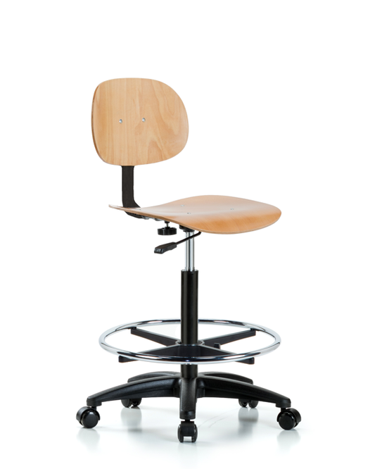 Blue Ridge Ergonomics WHBCH-RG-CF-RC Wood Chair - High Bench Height with Chrome Foot Ring & Casters