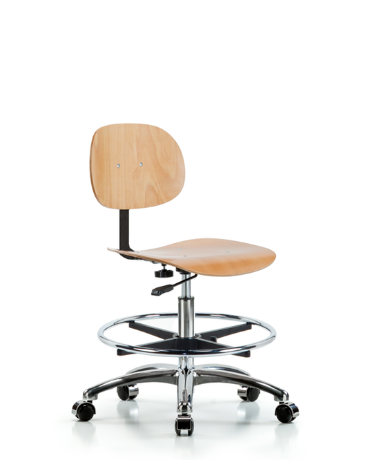 Blue Ridge Ergonomics WMBCH-CR-CF-CC Wood Chair Chrome - Medium Bench Height with Chrome Foot Ring & Casters