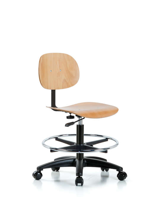Blue Ridge Ergonomics WMBCH-RG-CF-RC Wood Chair - Medium Bench Height with Chrome Foot Ring & Casters