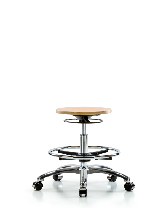 Blue Ridge Ergonomics WMBSO-CR-CF-CC Wood Stool Chrome - Medium Bench Height with Chrome Foot Ring & Casters