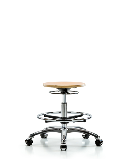 Blue Ridge Ergonomics WMBSO-CR-CF-CC Wood Stool Chrome - Medium Bench Height with Chrome Foot Ring & Casters