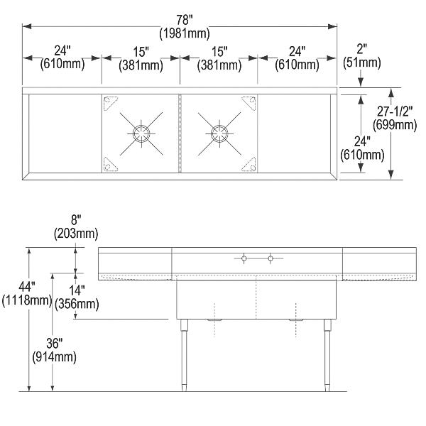 Elkay WNSF8230LR2 Weldbilt® Stainless Steel 78" x 27-1/2" x 14" Floor Mount Double Compartment Scullery Sink with Drainboard