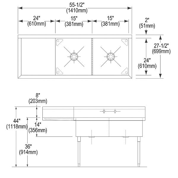 Elkay WNSF8230L2 Weldbilt® Stainless Steel 55-1/2" x 27-1/2" x 14" Floor Mount Double Compartment Scullery Sink with Drainboard