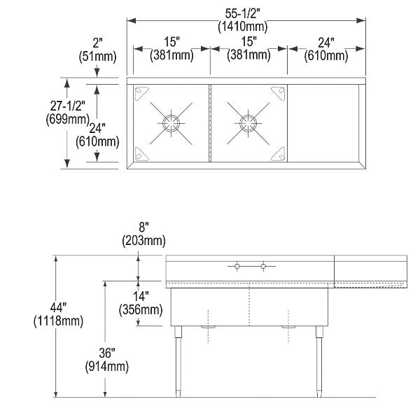 Elkay WNSF8230R2 Weldbilt® Stainless Steel 55-1/2" x 27-1/2" x 14" Floor Mount Double Compartment Scullery Sink with Drainboard