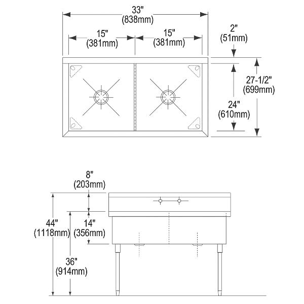 Elkay WNSF82302 Weldbilt® Stainless Steel 33" x 27-1/2" x 14" Floor Mount Double Compartment Scullery Sink