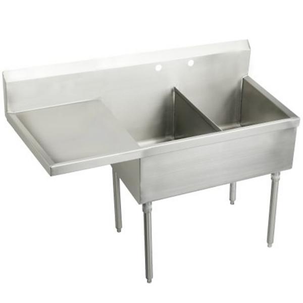 Elkay WNSF8236L2 Weldbilt® Stainless Steel 61-1/2" x 27-1/2" x 14" Floor Mount Double Compartment Scullery Sink with Drainboard