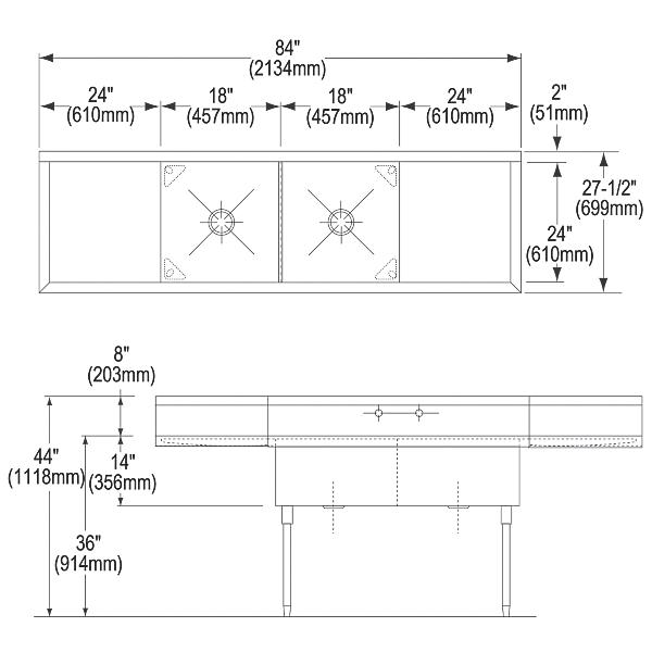 Elkay WNSF8236LR2 Weldbilt® Stainless Steel 84" x 27-1/2" x 14" Floor Mount Double Compartment Scullery Sink with Drainboard