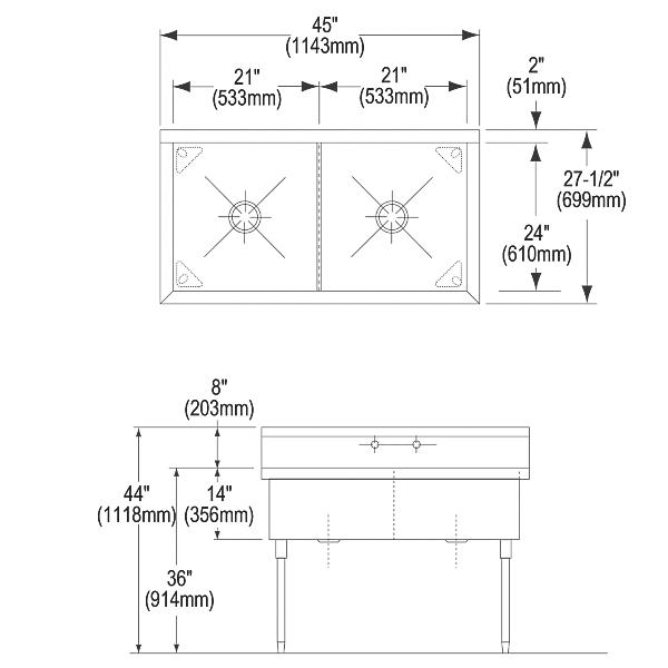 Elkay WNSF82422 Weldbilt® Stainless Steel 45" x 27-1/2" x 14" Floor Mount Double Compartment Scullery Sink