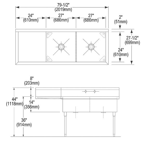 Elkay WNSF8254L2 Weldbilt® Stainless Steel 79-1/2" x 27-1/2" x 14" Floor Mount Double Compartment Scullery Sink with Drainboard
