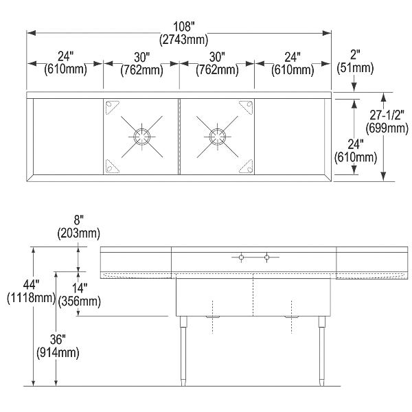 Elkay WNSF8260LR2 Weldbilt® Stainless Steel 108" x 27-1/2" x 14" Floor Mount Double Compartment Scullery Sink with Drainboard