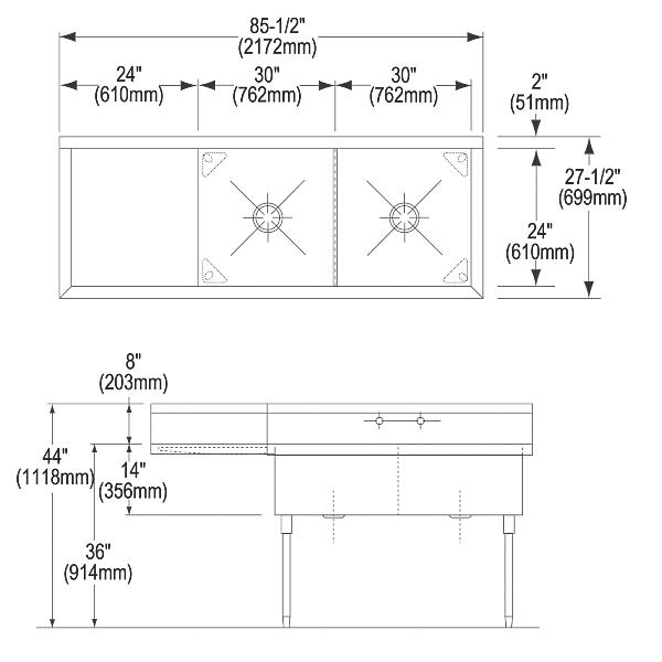 Elkay WNSF8260L2 Weldbilt® Stainless Steel 85-1/2" x 27-1/2" x 14" Floor Mount Double Compartment Scullery Sink with Drainboard