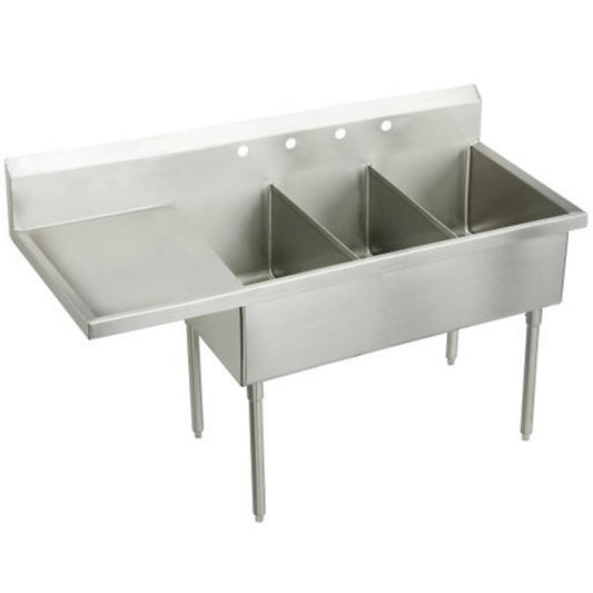 Elkay WNSF8345L4 Weldbilt® Stainless Steel 70-1/2" x 27-1/2" x 14" Floor Mount Triple Compartment Scullery Sink with Drainboard