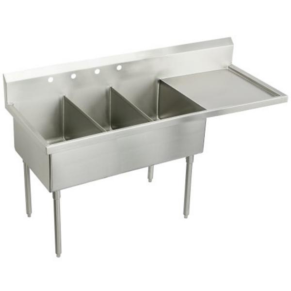 Elkay WNSF8345R4 Weldbilt® Stainless Steel 70-1/2" x 27-1/2" x 14" Floor Mount Triple Compartment Scullery Sink with Drainboard