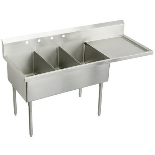 Elkay WNSF8345R4 Weldbilt® Stainless Steel 70-1/2" x 27-1/2" x 14" Floor Mount Triple Compartment Scullery Sink with Drainboard