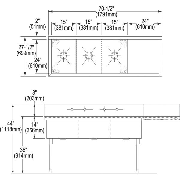 Elkay WNSF8345R4 Weldbilt® Stainless Steel 70-1/2" x 27-1/2" x 14" Floor Mount Triple Compartment Scullery Sink with Drainboard
