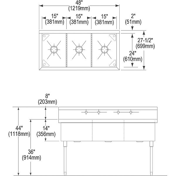 Elkay WNSF83454 Weldbilt® Stainless Steel 48" x 27-1/2" x 14" Floor Mount Triple Compartment Scullery Sink