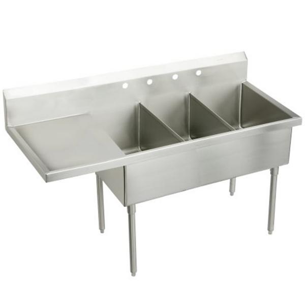 Elkay WNSF8354L4 Weldbilt® Stainless Steel 79-1/2" x 27-1/2" x 14" Floor Mount Triple Compartment Scullery Sink with Drainboard