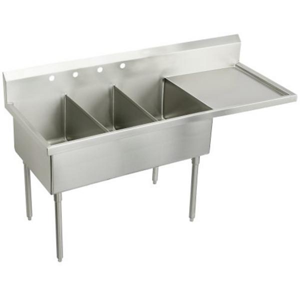 Elkay WNSF8354R4 Weldbilt® Stainless Steel 79-1/2" x 27-1/2" x 14" Floor Mount Triple Compartment Scullery Sink with Drainboard