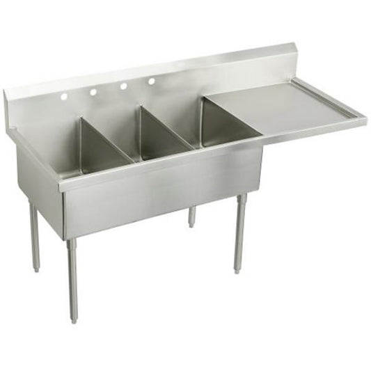 Elkay WNSF8354R4 Weldbilt® Stainless Steel 79-1/2" x 27-1/2" x 14" Floor Mount Triple Compartment Scullery Sink with Drainboard