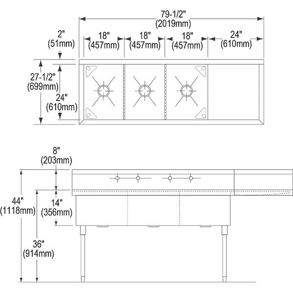 Elkay WNSF8354R4 Weldbilt® Stainless Steel 79-1/2" x 27-1/2" x 14" Floor Mount Triple Compartment Scullery Sink with Drainboard